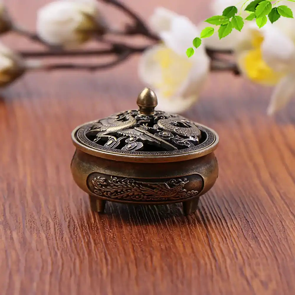 Lucky Feng Shui Mini Three-Legged Incense Burner - Chinese Dragon Phoenix Design
