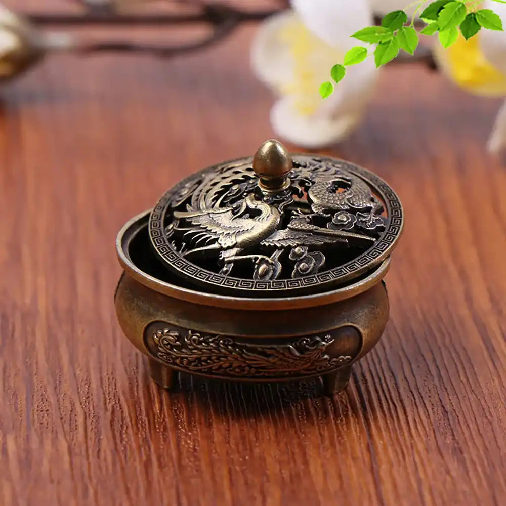 Lucky Feng Shui Mini Three-Legged Incense Burner - Chinese Dragon Phoenix Design