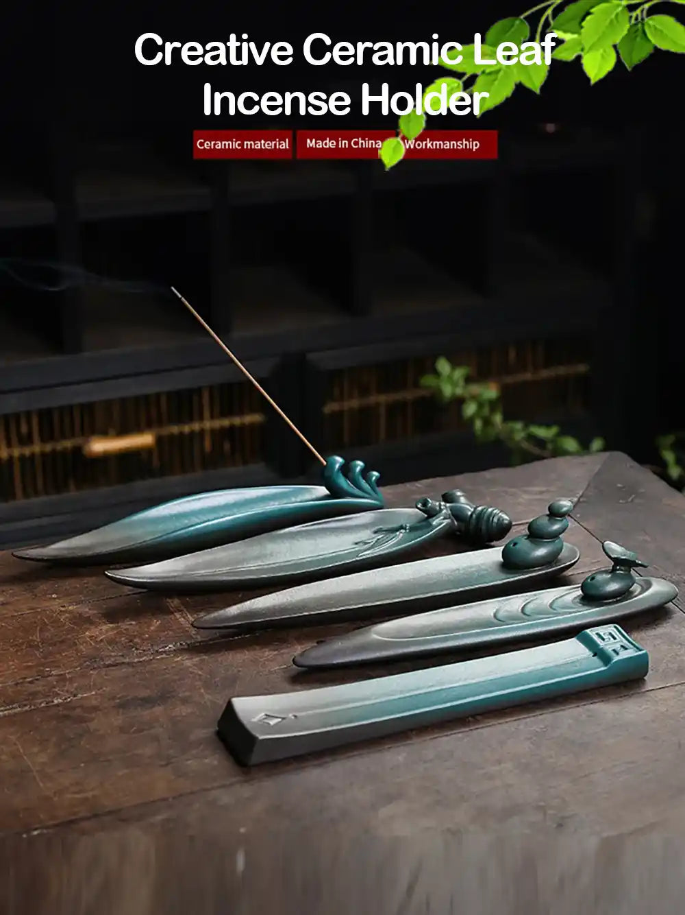 Porte-encens créatif en céramique en forme de feuille - Trois pierres sacrées, décoration zen