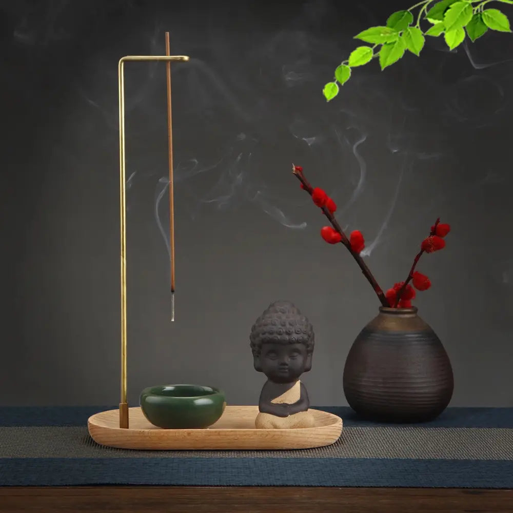 Creative Ceramic Little Monk Incense Holder Set with Brass Holder Wooden Tray