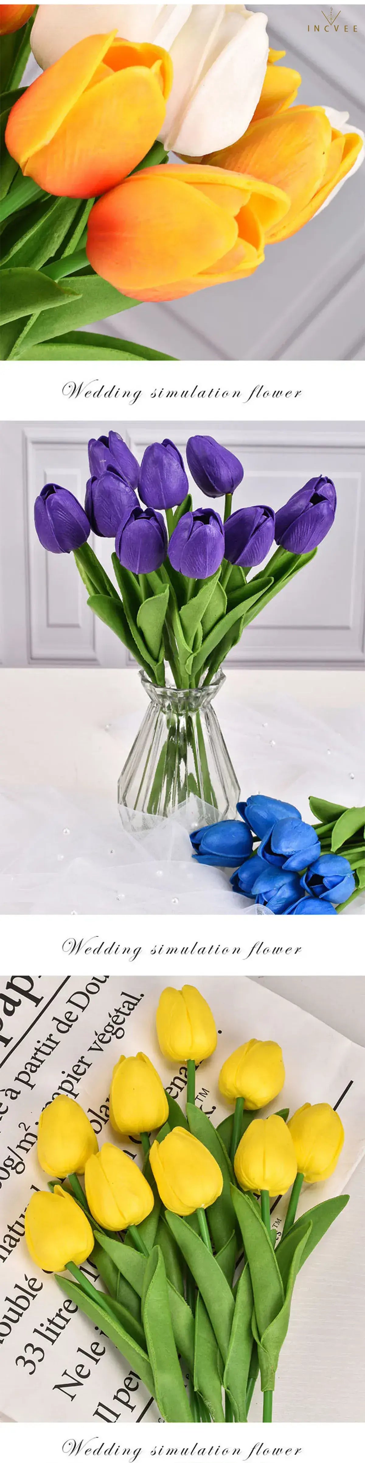 Bouquet de tulipes en soie effet naturel - Tiges florales artificielles réalistes, centre de table moderne, 3/5/10/20 pièces / Hauteur : 34 cm