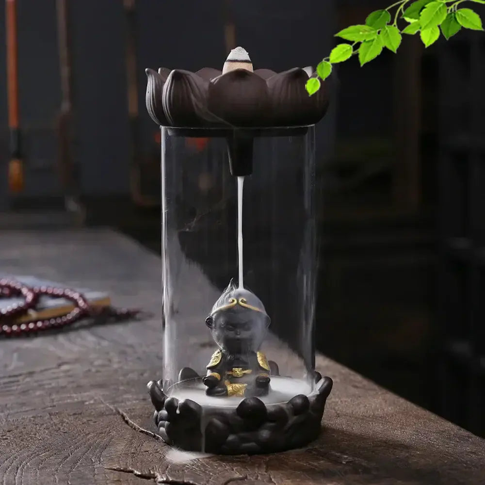 Zen Monkey King Ceramic Backflow Incense Burner with Windproof Cover