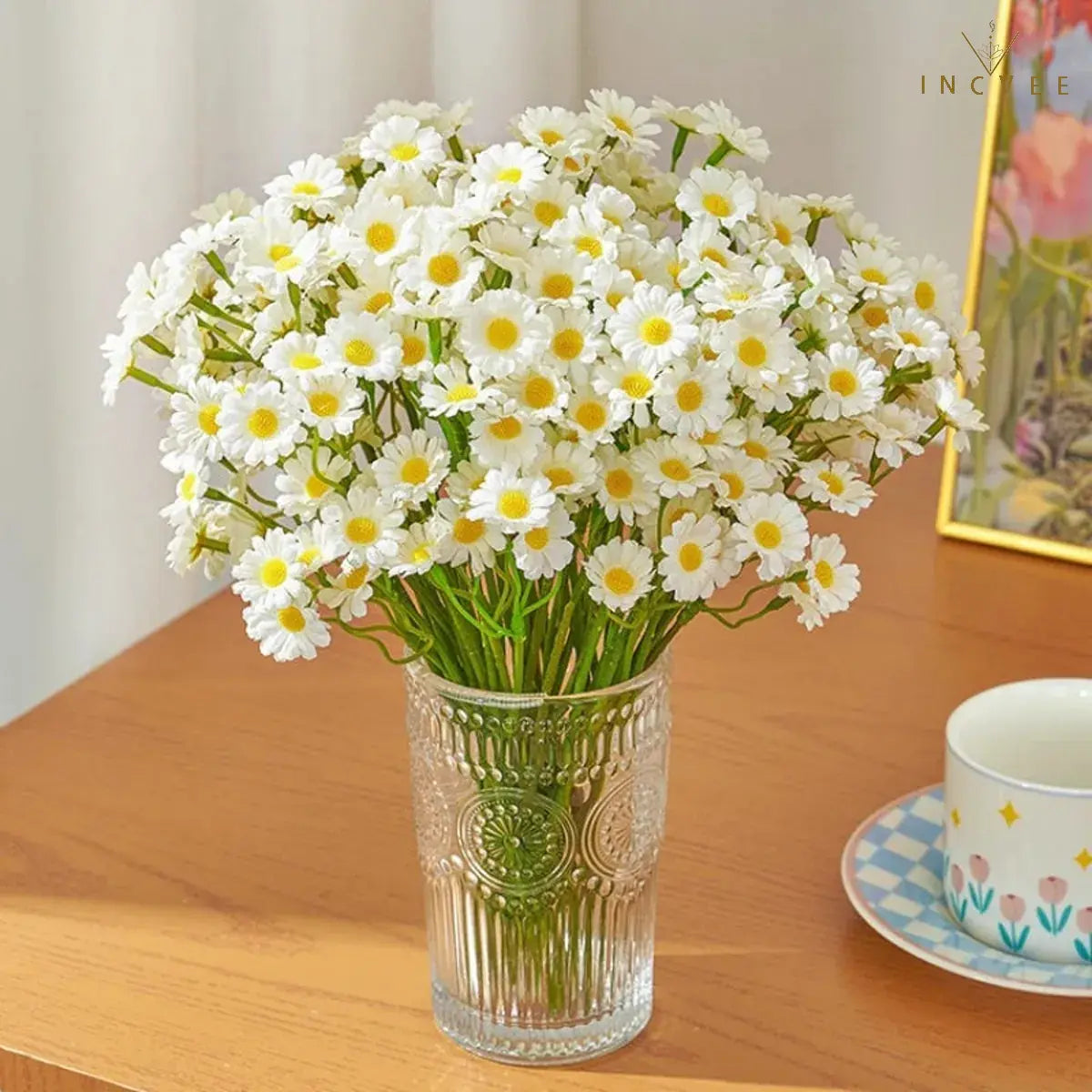 12 realistische Seiden-Gänseblümchen – Zarte Tischdekoration mit mehreren Stielen, biegsamer Draht, 26 cm