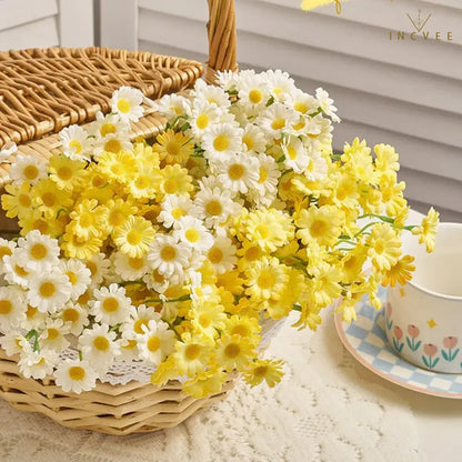 12 realistische Seiden-Gänseblümchen – Zarte Tischdekoration mit mehreren Stielen, biegsamer Draht, 26 cm