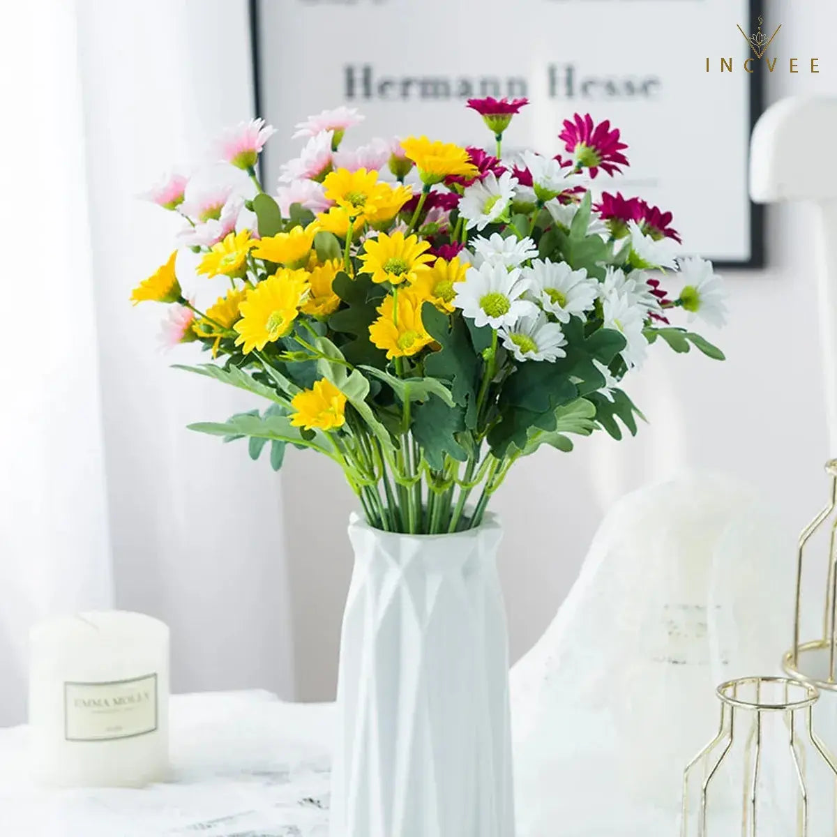 Künstliche Seiden-Gänseblümchen (21 Köpfe) für den Außenbereich – farbecht, biegsame Drahtstiele, 32 cm, kleine Wildblumen