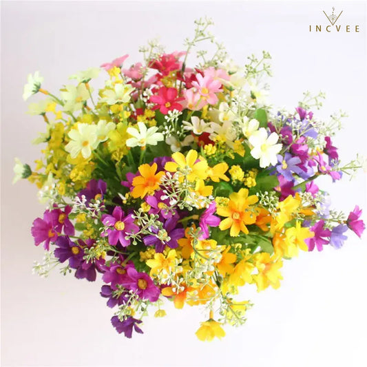 Künstlicher Strauß mit 28 Seidengänseblümchen – üppige, mehrfarbige Blumendekoration, weich und realistisch, 34 cm