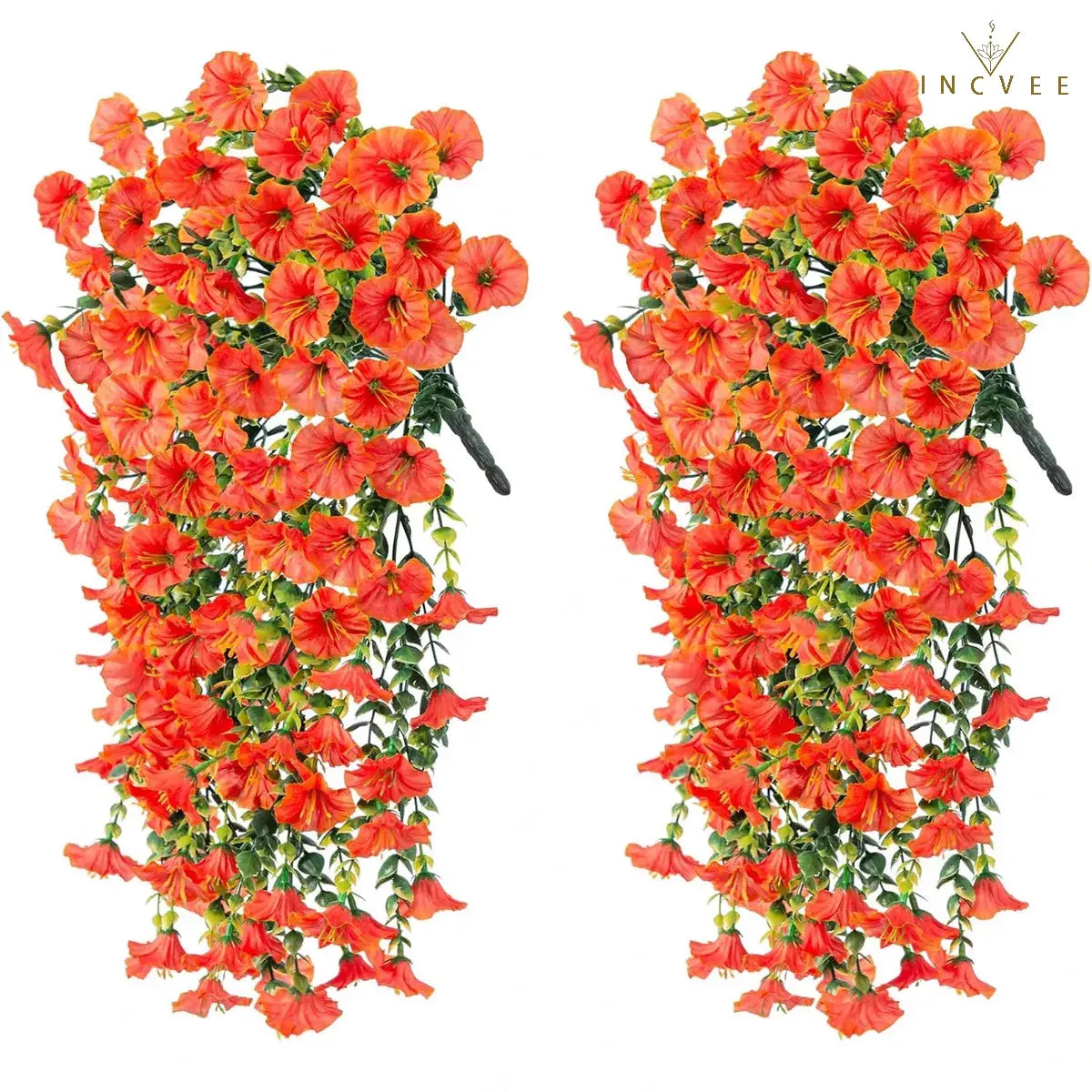2 künstliche, UV-beständige Prunkwinden – wetterfeste Hängeblüten, 69 Blütenköpfe pro Pflanze, 75 cm