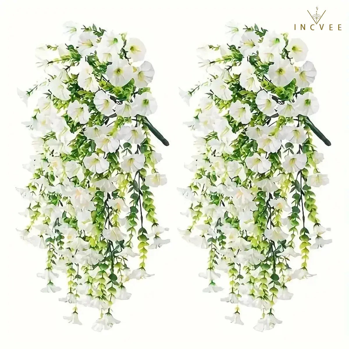 2 künstliche, UV-beständige Prunkwinden – wetterfeste Hängeblüten, 69 Blütenköpfe pro Pflanze, 75 cm