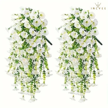 2 künstliche, UV-beständige Prunkwinden – wetterfeste Hängeblüten, 69 Blütenköpfe pro Pflanze, 75 cm