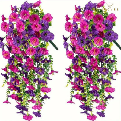 2 künstliche, UV-beständige Prunkwinden – wetterfeste Hängeblüten, 69 Blütenköpfe pro Pflanze, 75 cm
