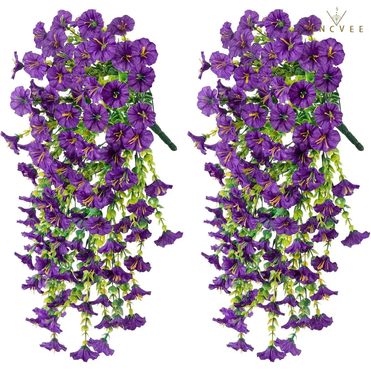 2 künstliche, UV-beständige Prunkwinden – wetterfeste Hängeblüten, 69 Blütenköpfe pro Pflanze, 75 cm