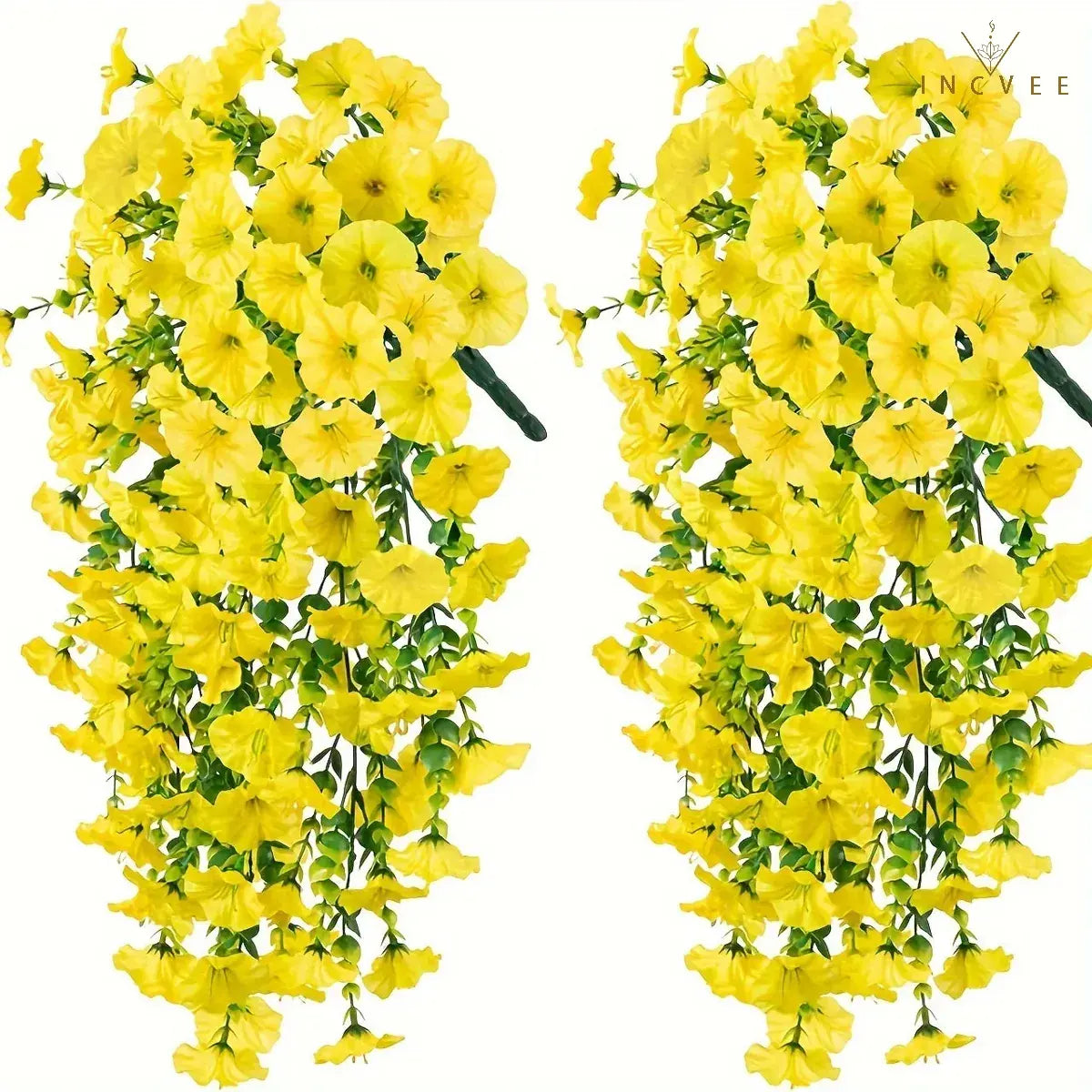 2 künstliche, UV-beständige Prunkwinden – wetterfeste Hängeblüten, 69 Blütenköpfe pro Pflanze, 75 cm