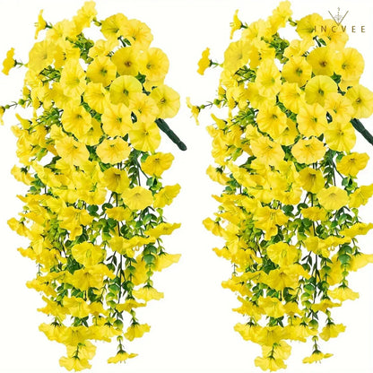 2 künstliche, UV-beständige Prunkwinden – wetterfeste Hängeblüten, 69 Blütenköpfe pro Pflanze, 75 cm