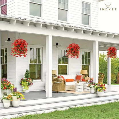 2 künstliche, UV-beständige Prunkwinden – wetterfeste Hängeblüten, 69 Blütenköpfe pro Pflanze, 75 cm