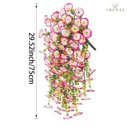2 künstliche, UV-beständige Prunkwinden – wetterfeste Hängeblüten, 69 Blütenköpfe pro Pflanze, 75 cm