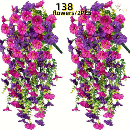 2 künstliche, UV-beständige Prunkwinden – wetterfeste Hängeblüten, 69 Blütenköpfe pro Pflanze, 75 cm