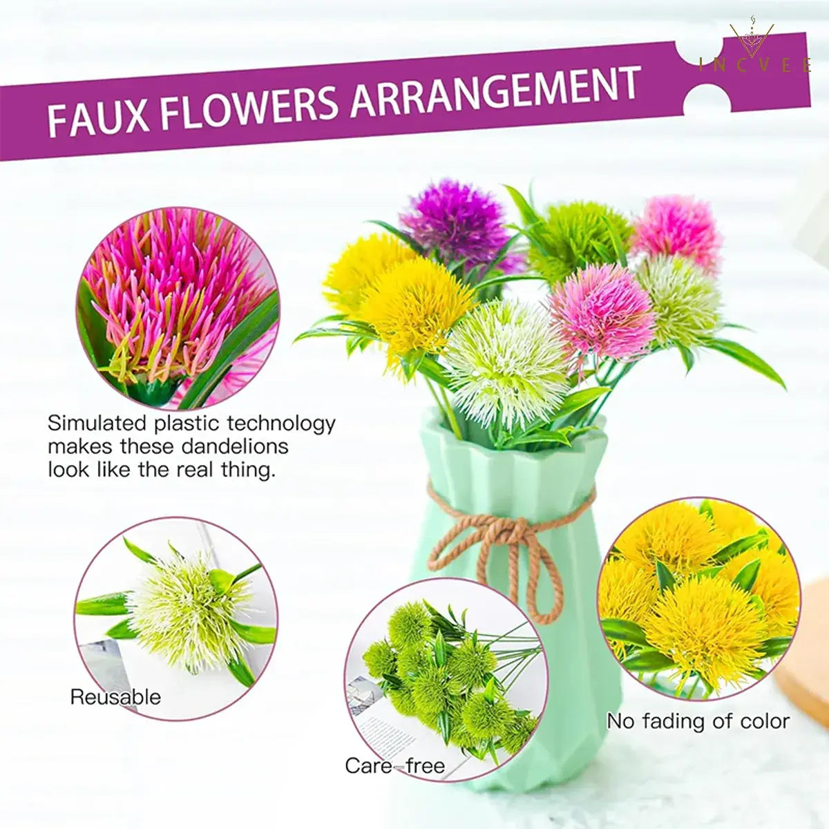 5/10 realistische, flauschige Löwenzahn-Bouquets aus PE – luftige Pompon-Blumen, biegsamer Drahtstiel, 26 cm