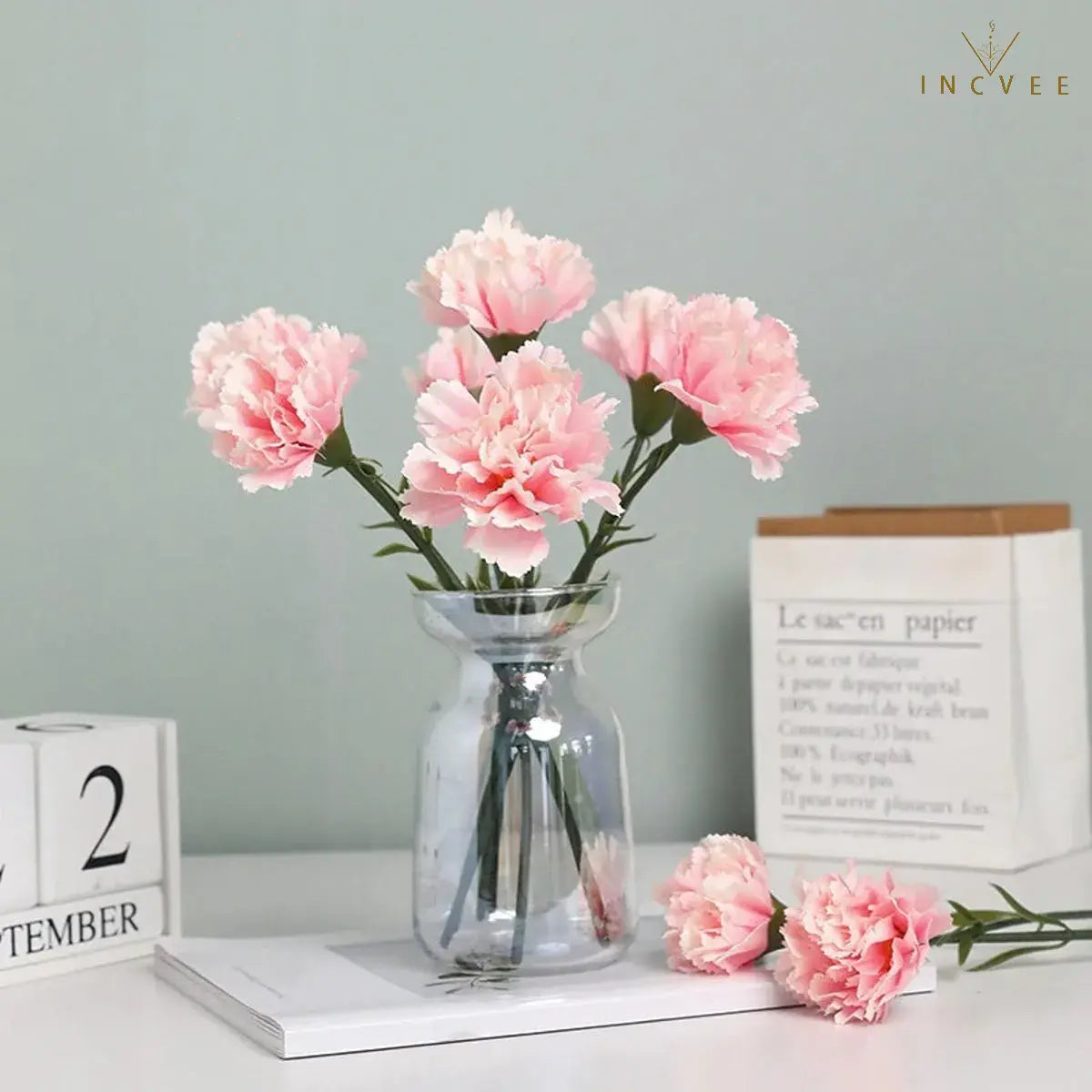 5PCS Artificial Carnation Flowers - Silk Blooms, Bendable Stems, Tabletop Decor, 29cm