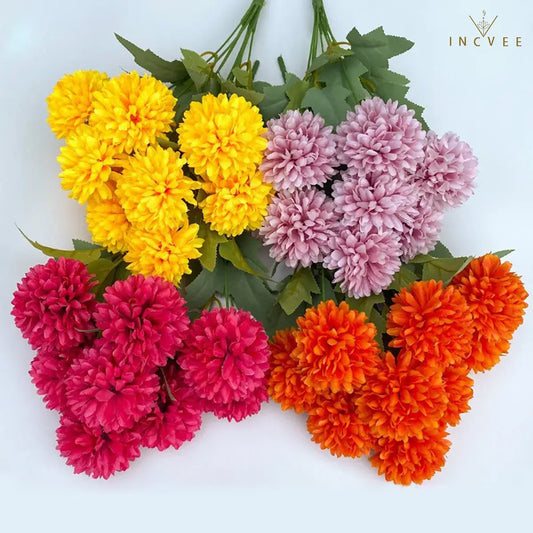 Seidenchrysanthemenstrauß mit 9 Köpfen – Lebendige, mehrfarbige Blumendekoration, weicher Griff, 42 cm