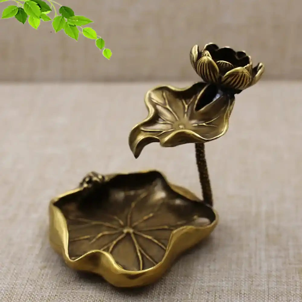 Antique Brass Lotus Leaf Backflow Incense Burner - Tea Pet Frog Lotus Pond