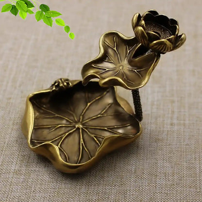 Antique Brass Lotus Leaf Backflow Incense Burner - Tea Pet Frog Lotus Pond