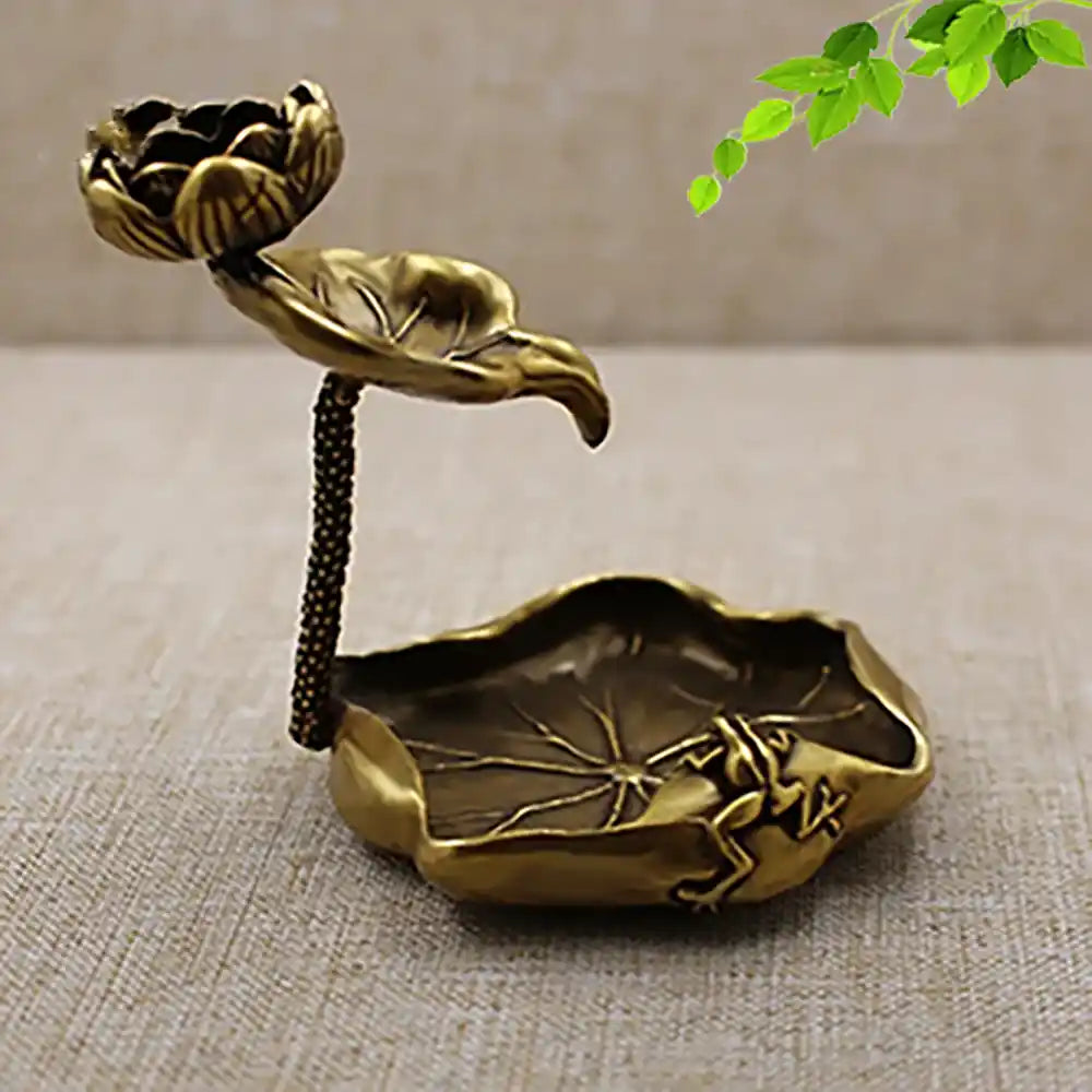 Antique Brass Lotus Leaf Backflow Incense Burner - Tea Pet Frog Lotus Pond