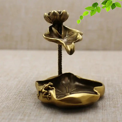 Antique Brass Lotus Leaf Backflow Incense Burner - Tea Pet Frog Lotus Pond