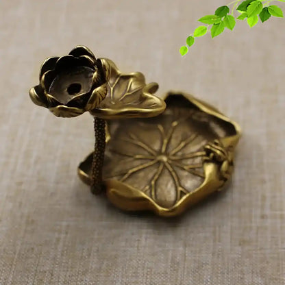 Antique Brass Lotus Leaf Backflow Incense Burner - Tea Pet Frog Lotus Pond