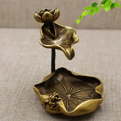 Antique Brass Lotus Leaf Backflow Incense Burner - Tea Pet Frog Lotus Pond