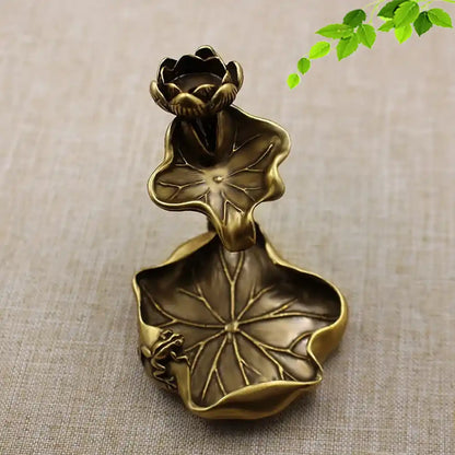 Antique Brass Lotus Leaf Backflow Incense Burner - Tea Pet Frog Lotus Pond