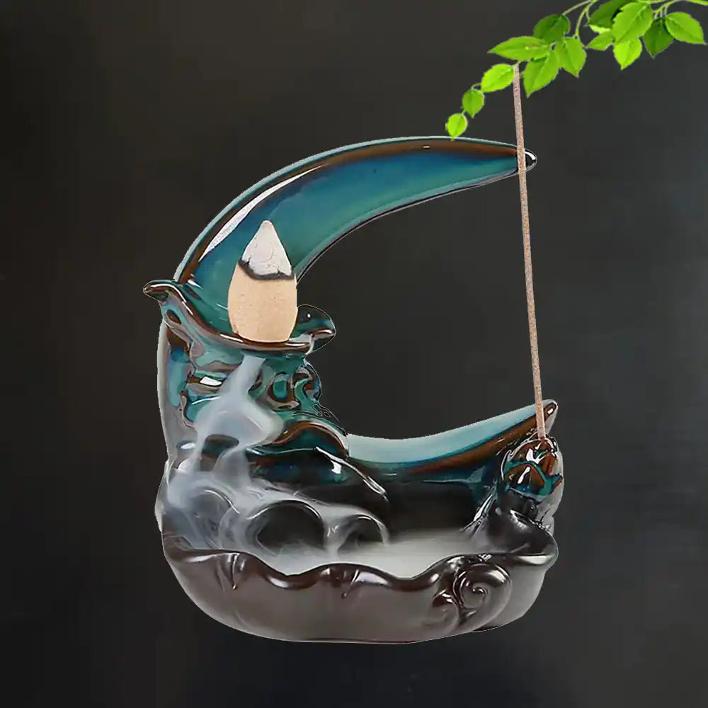 Moonlight In Lotus Pond Blue Ceramic Backflow Incense Burner - Stick Incense Holder