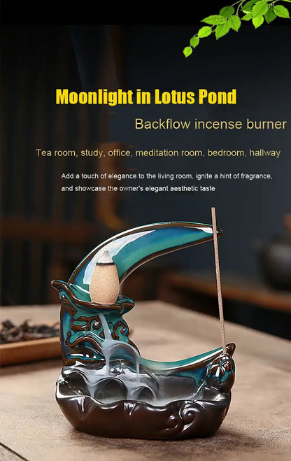 Moonlight In Lotus Pond Blue Ceramic Backflow Incense Burner - Stick Incense Holder