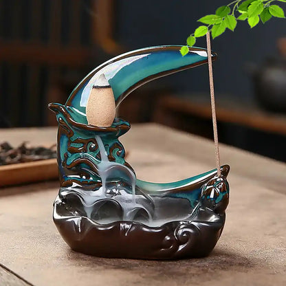 Moonlight In Lotus Pond Blue Ceramic Backflow Incense Burner - Stick Incense Holder