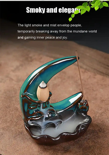 Moonlight In Lotus Pond Blue Ceramic Backflow Incense Burner - Stick Incense Holder