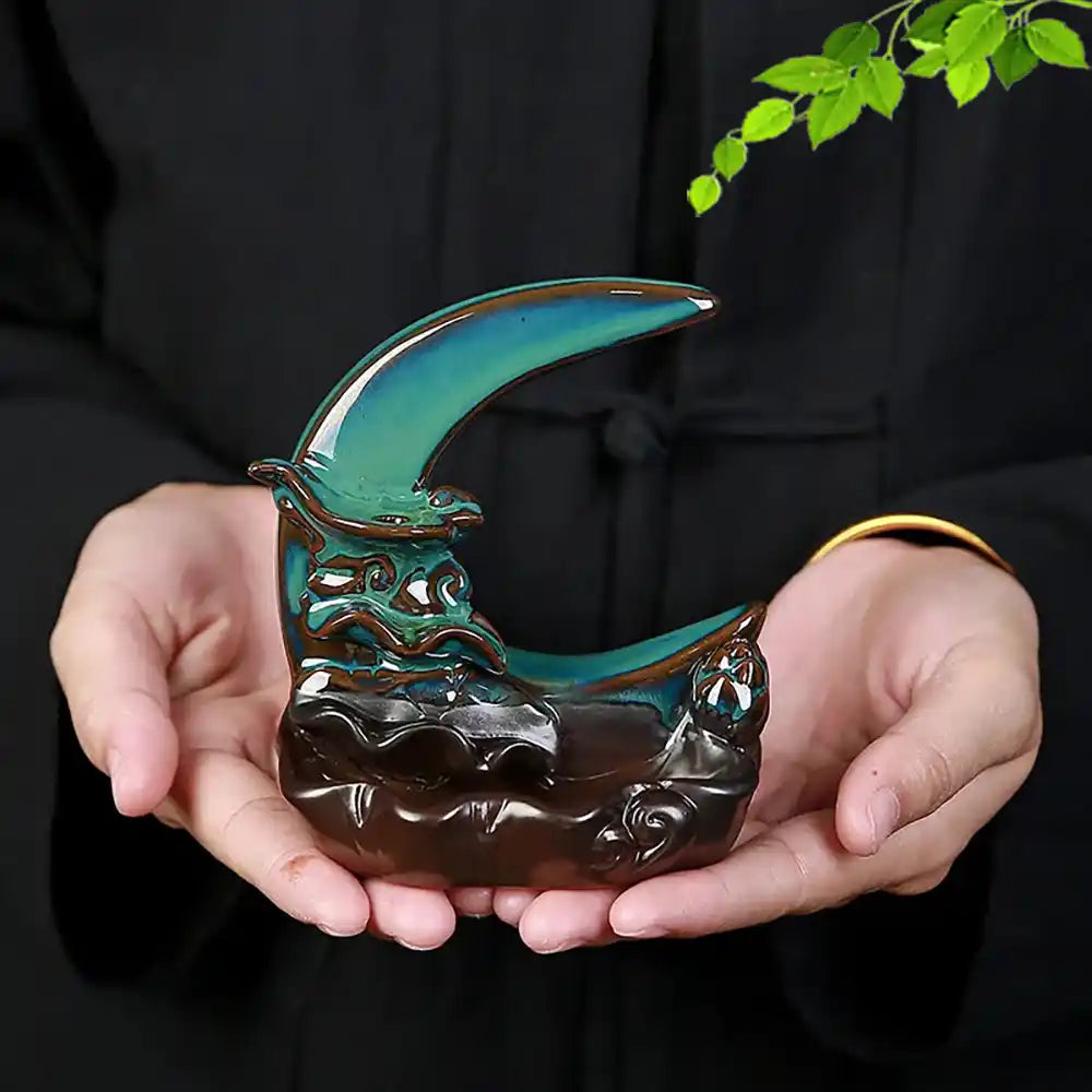 Moonlight In Lotus Pond Blue Ceramic Backflow Incense Burner - Stick Incense Holder