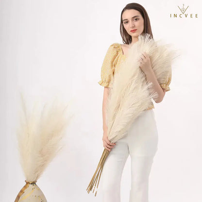 97cm Boho Chic Faux Pampas Grass - No-Shed Fluffy Plume, Warm Timeless Sanctuary, 9-Fork, 38" Single Stem