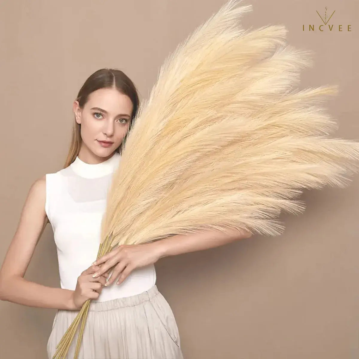 97cm Boho Chic Faux Pampas Grass - No-Shed Fluffy Plume, Warm Timeless Sanctuary, 9-Fork, 38" Single Stem