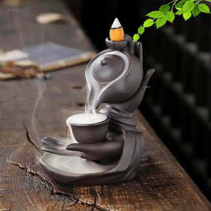 Buddha Hand Lotus Tea Ceremony Backflow Incense Burner - Zen Meditation Decor