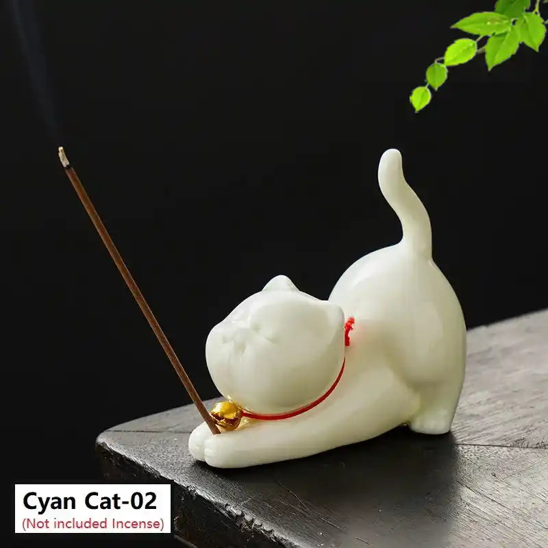 Ceramic Cute Cat Incense Holder - Japanese Style Mini Lovely Cat Incense Stick Burner