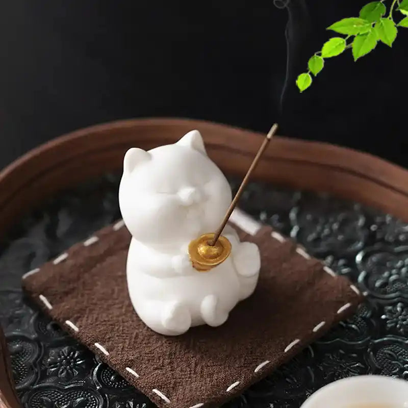 Ceramic Cute Cat Incense Holder - Japanese Style Mini Lovely Cat Incense Stick Burner