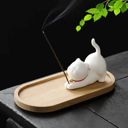 Ceramic Cute Cat Incense Holder - Japanese Style Mini Lovely Cat Incense Stick Burner