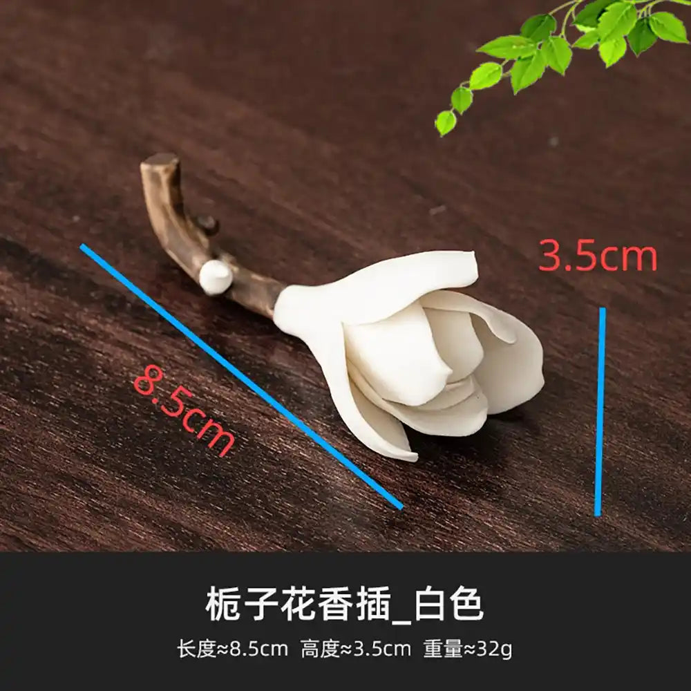 Ceramic Gardenia Flower Incense Holder - Handmade White Porcelain Tea Ceremony Decoration