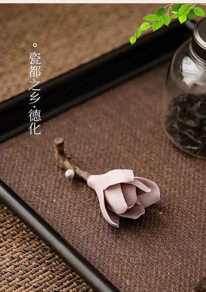 Ceramic Gardenia Flower Incense Holder - Handmade White Porcelain Tea Ceremony Decoration