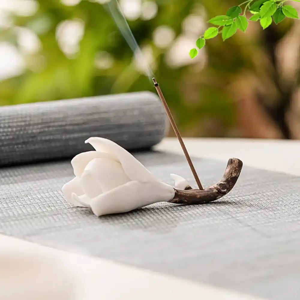 Ceramic Gardenia Flower Incense Holder - Handmade White Porcelain Tea Ceremony Decoration