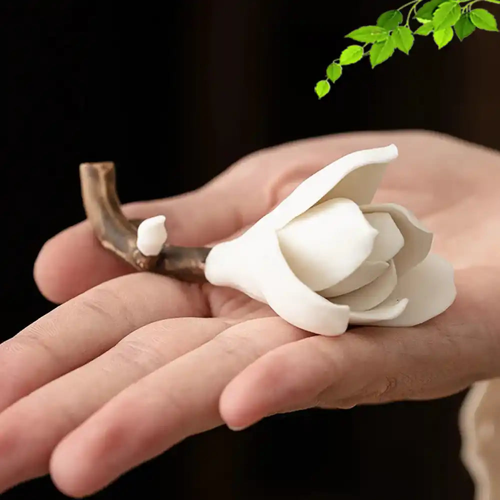 Ceramic Gardenia Flower Incense Holder - Handmade White Porcelain Tea Ceremony Decoration