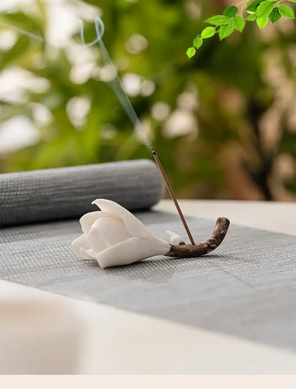 Ceramic Gardenia Flower Incense Holder - Handmade White Porcelain Tea Ceremony Decoration