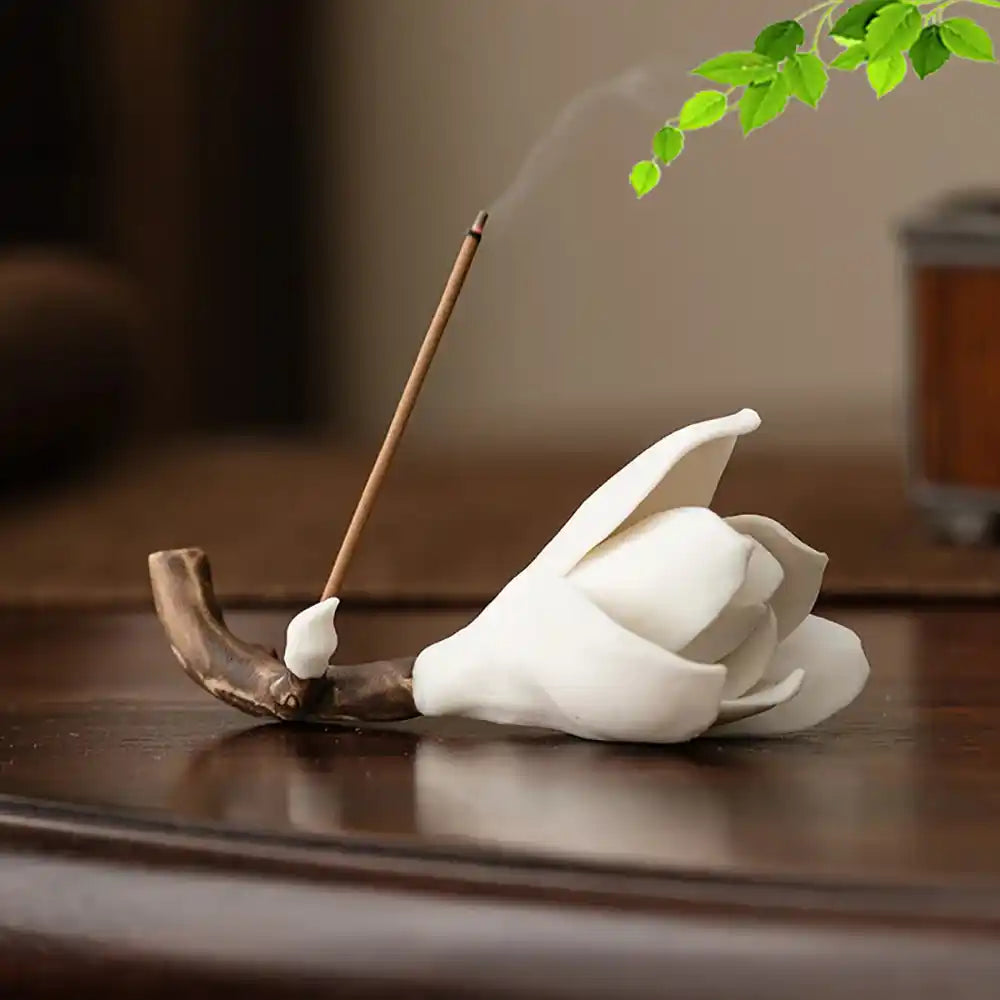 Ceramic Gardenia Flower Incense Holder - Handmade White Porcelain Tea Ceremony Decoration