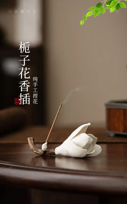 Ceramic Gardenia Flower Incense Holder - Handmade White Porcelain Tea Ceremony Decoration