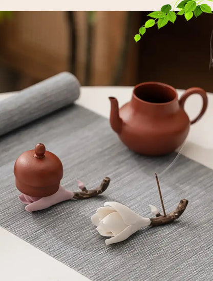 Ceramic Gardenia Flower Incense Holder - Handmade White Porcelain Tea Ceremony Decoration