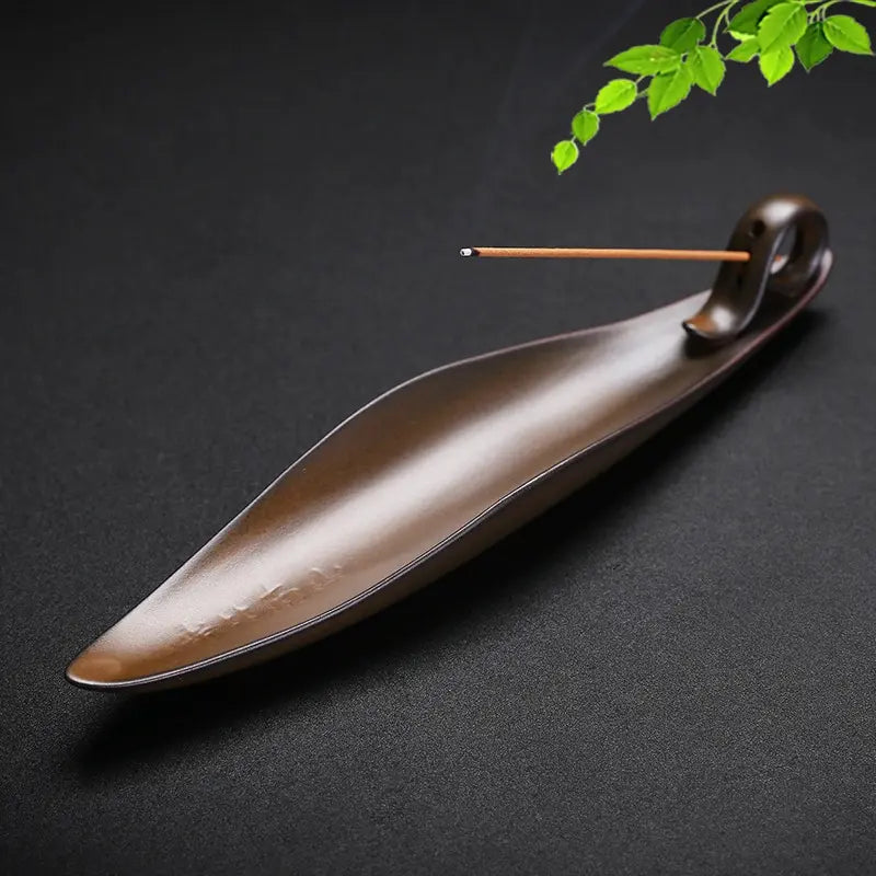 Ceramic Leaf Incense Holder - Walnut Color Zen Incense Stick Holder Handicrafts